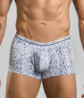 White malebasics trunk hipster spider boxer briefs with black geometric line pattern and branded waistband