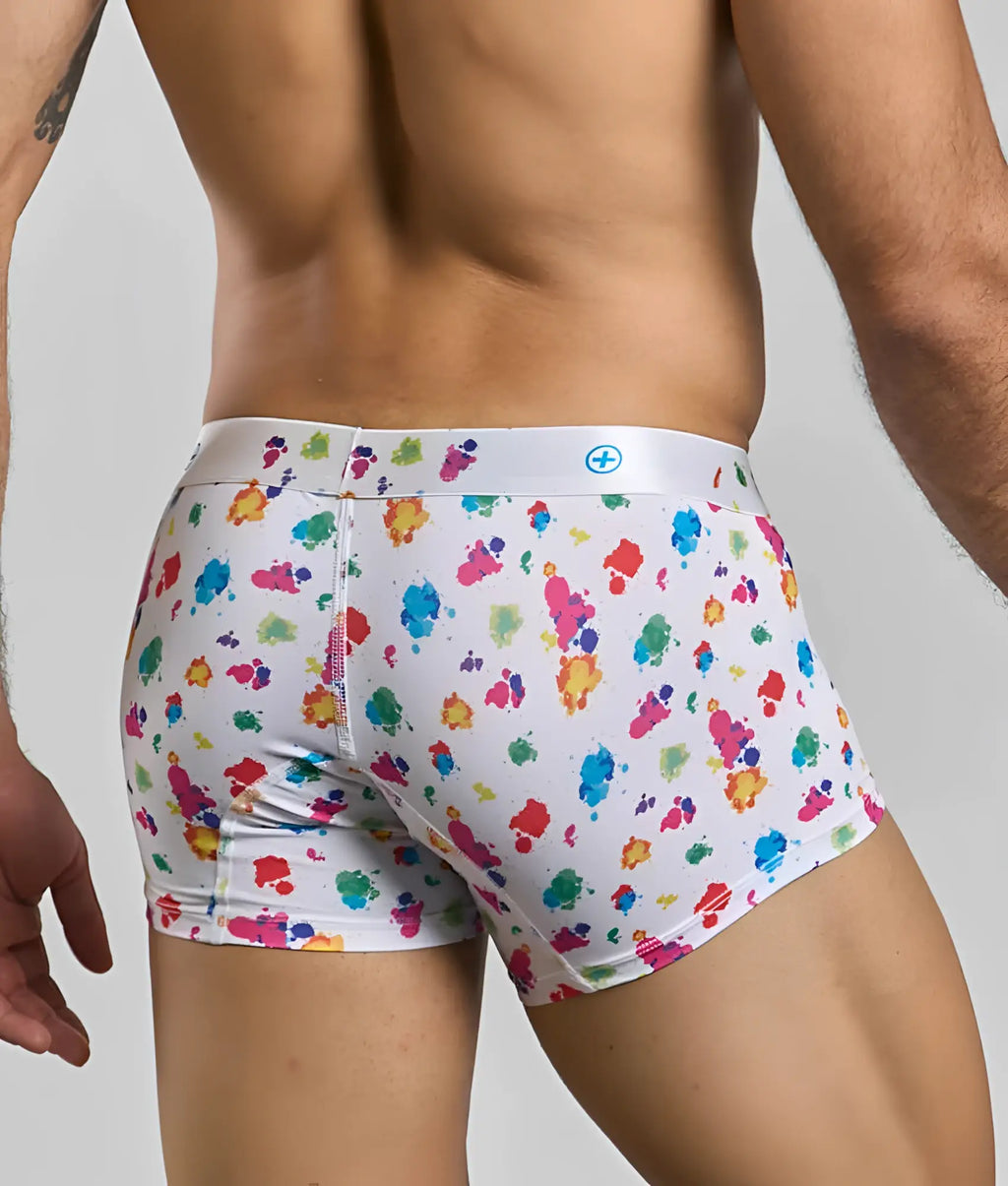 White boxer briefs malebasics trunk hipster white splash with vibrant multicolored paint splatter pattern