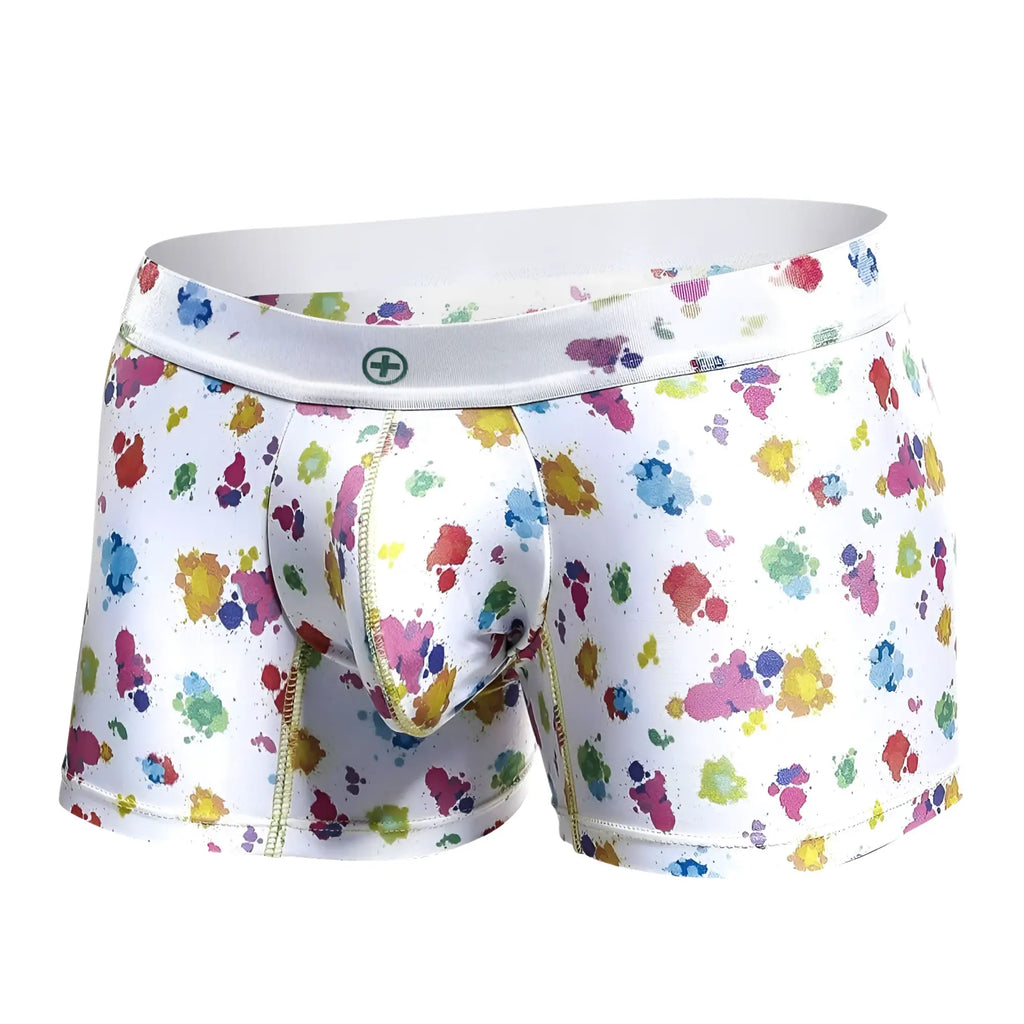 Malebasics trunk hipster white splash boxer briefs in white with vibrant multicolored paint splatter pattern