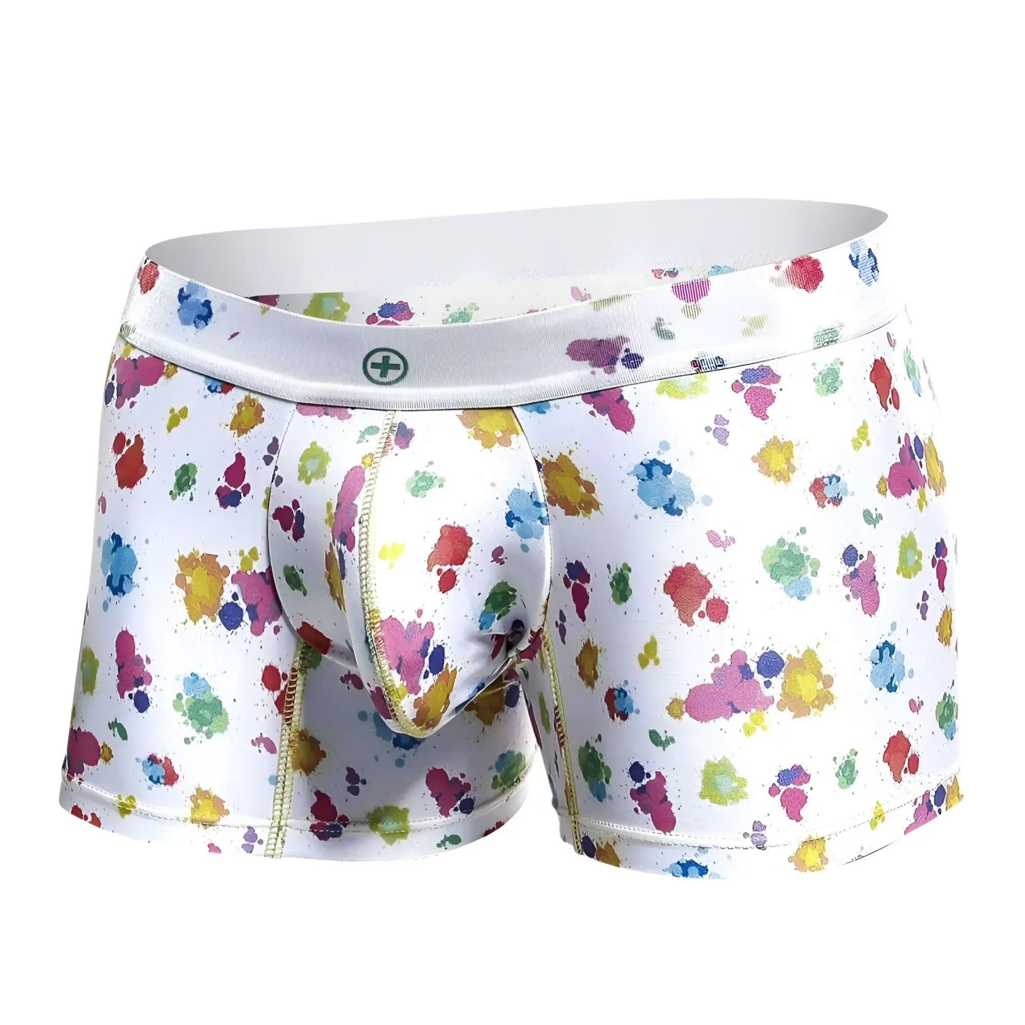 Malebasics trunk hipster white splash boxer briefs in white with vibrant multicolored paint splatter pattern