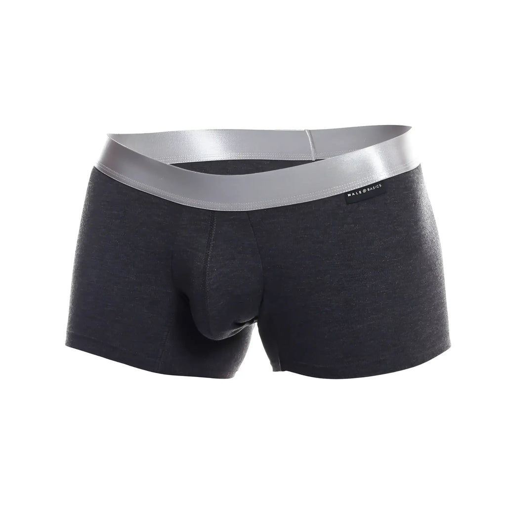 Dark gray heathered men’s pima cotton boxer briefs with a silver waistband from male basics trunk pima collection