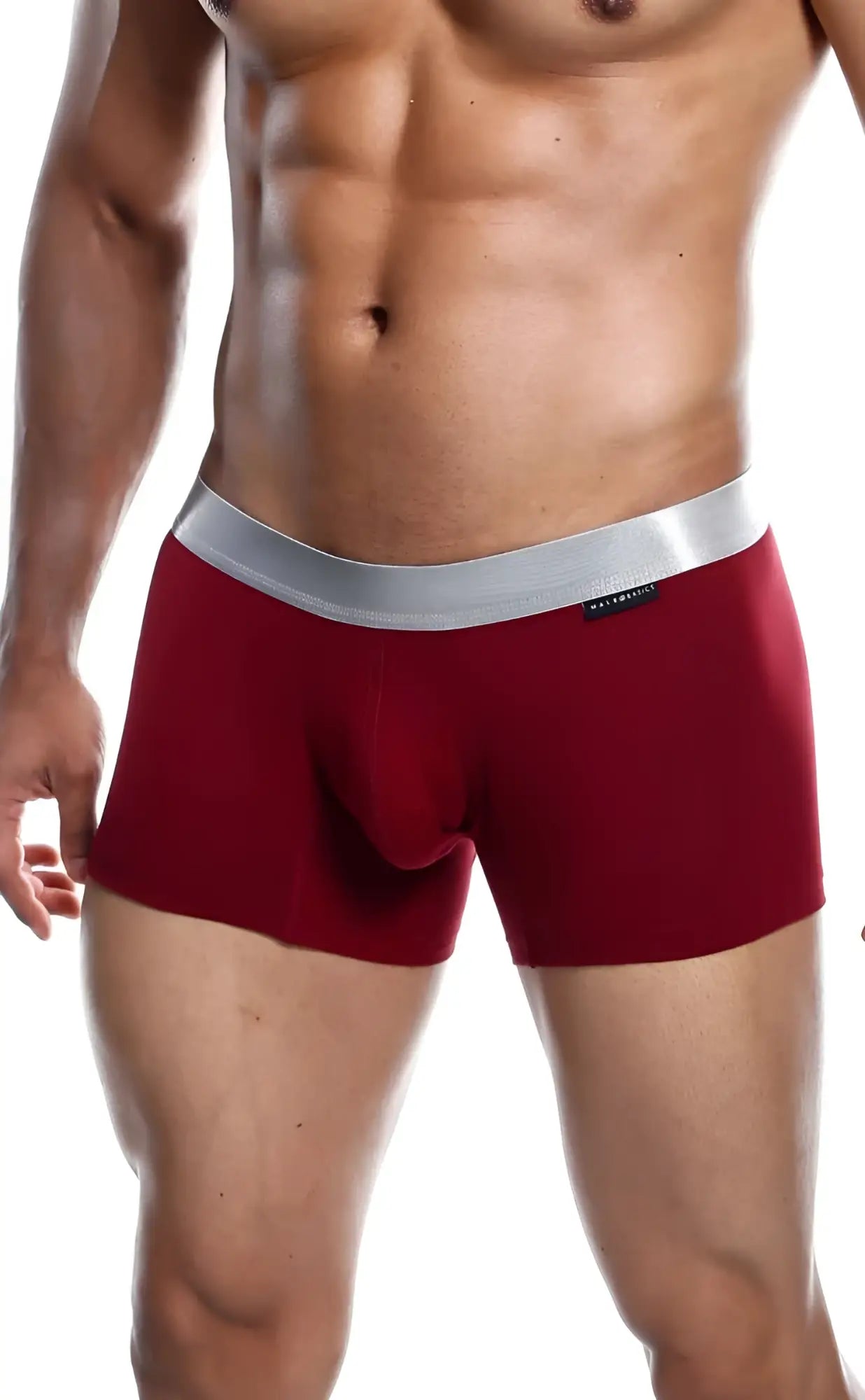 Red men’s boxer briefs with silver elastic waistband made of soft pima cotton from malebasics trunk pima collection