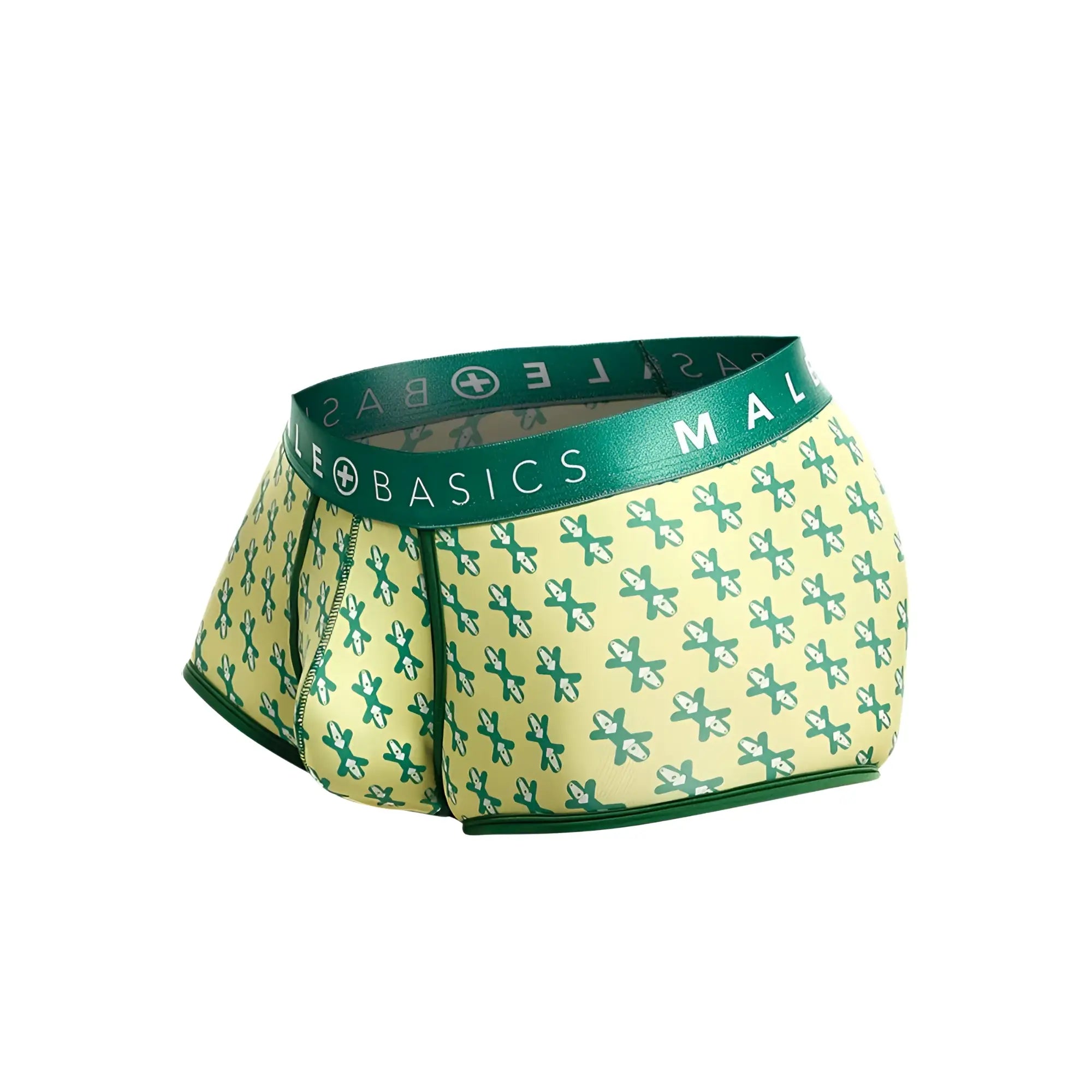Malebasics trunk sexy pouch boxer briefs in green and pale yellow pattern with branded elastic waistband