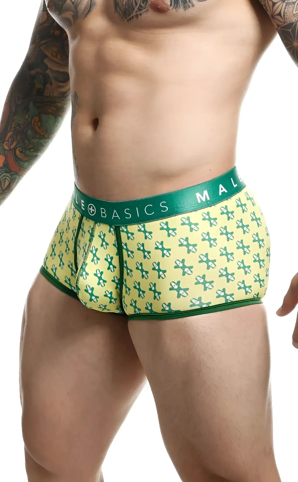 Malebasics trunk sexy pouch men’s briefs in green and yellow pattern with life basics branded elastic waistband