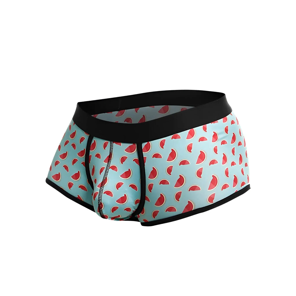Light blue malebasics trunk sexy pouch briefs with playful watermelon slice pattern and black elastic waistband and trim