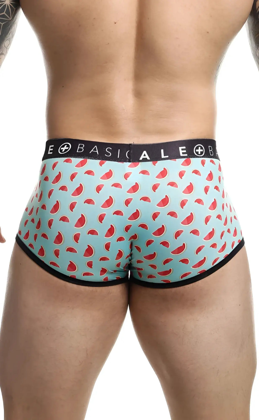 Malebasics trunk sexy pouch light blue briefs with watermelon print red accents black trim and basicale waistband