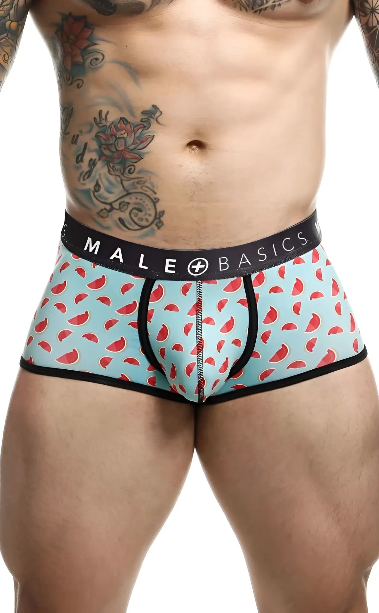 Malebasics trunk sexy pouch light blue watermelon slice patterned men’s briefs with black trim and branded waistband