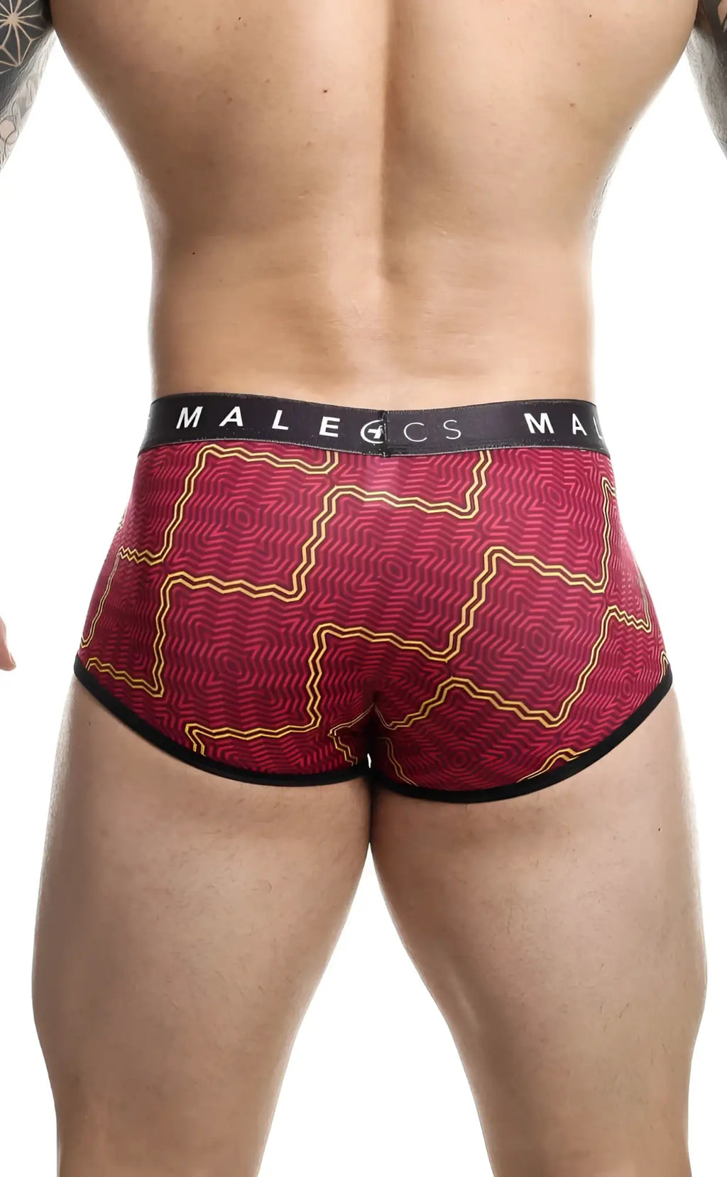 Malebasics trunk sexy pouch red and gold patterned men’s briefs with black trim and malecs waistband for comfortable wear