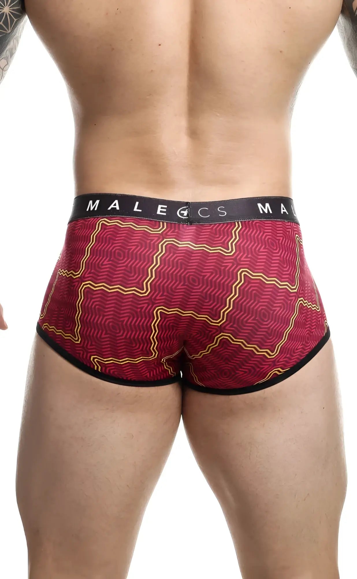 Malebasics trunk sexy pouch red and gold patterned men’s briefs with black trim and malecs waistband for comfortable wear
