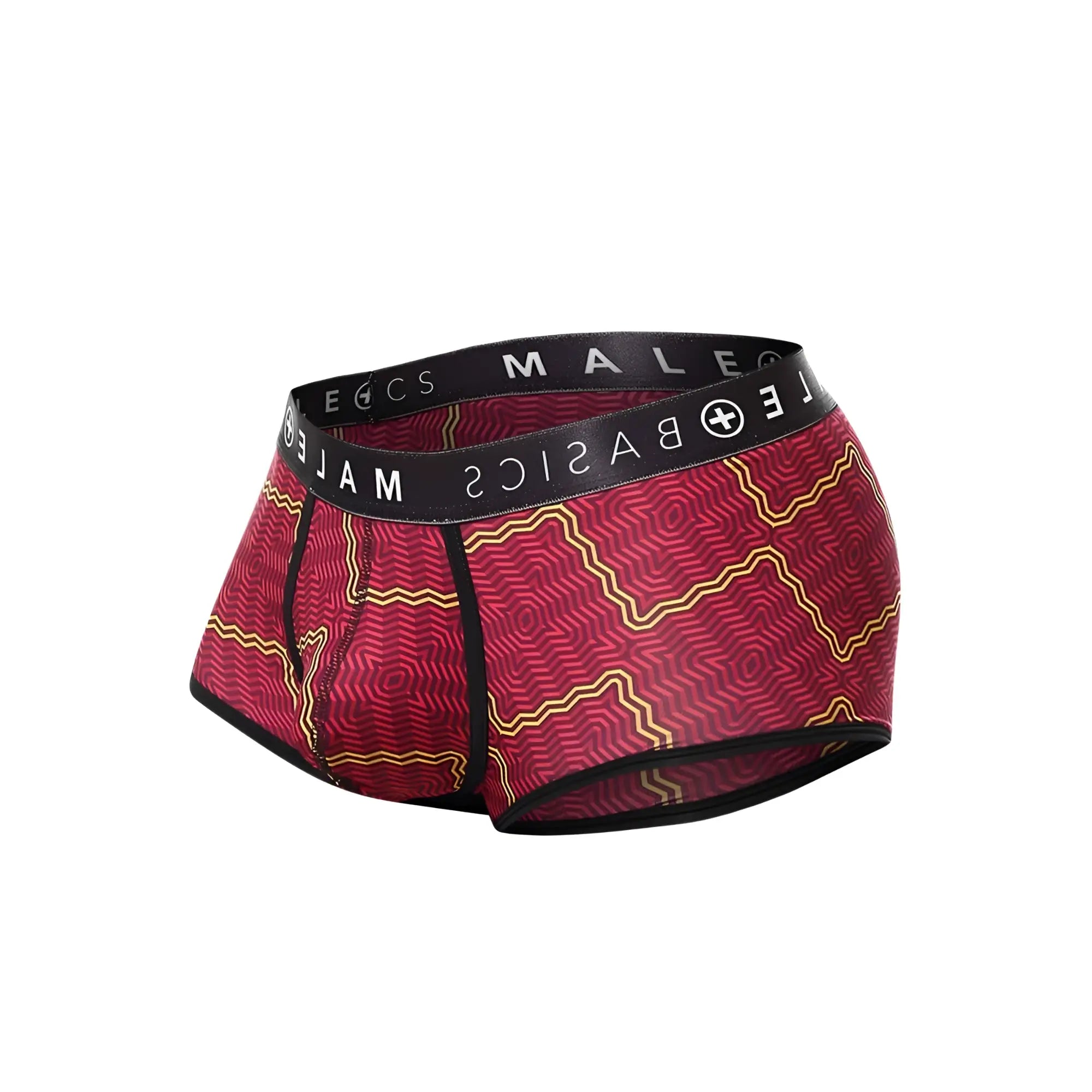 Malebasics trunk sexy pouch red and gold patterned men’s briefs with black waistband featuring male basics logo