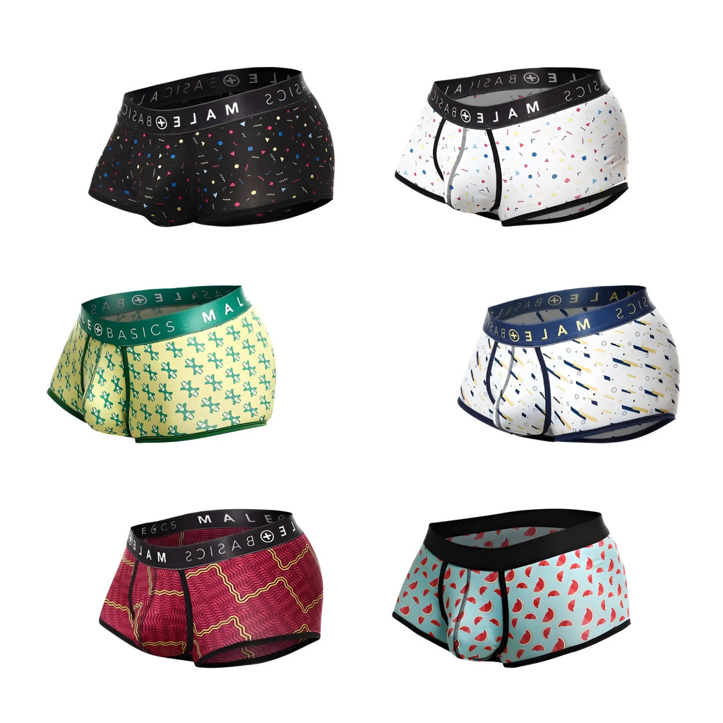 Six pairs of male basics trunk sexy pouch boxer briefs with colorful patterns and matching elastic waistbands