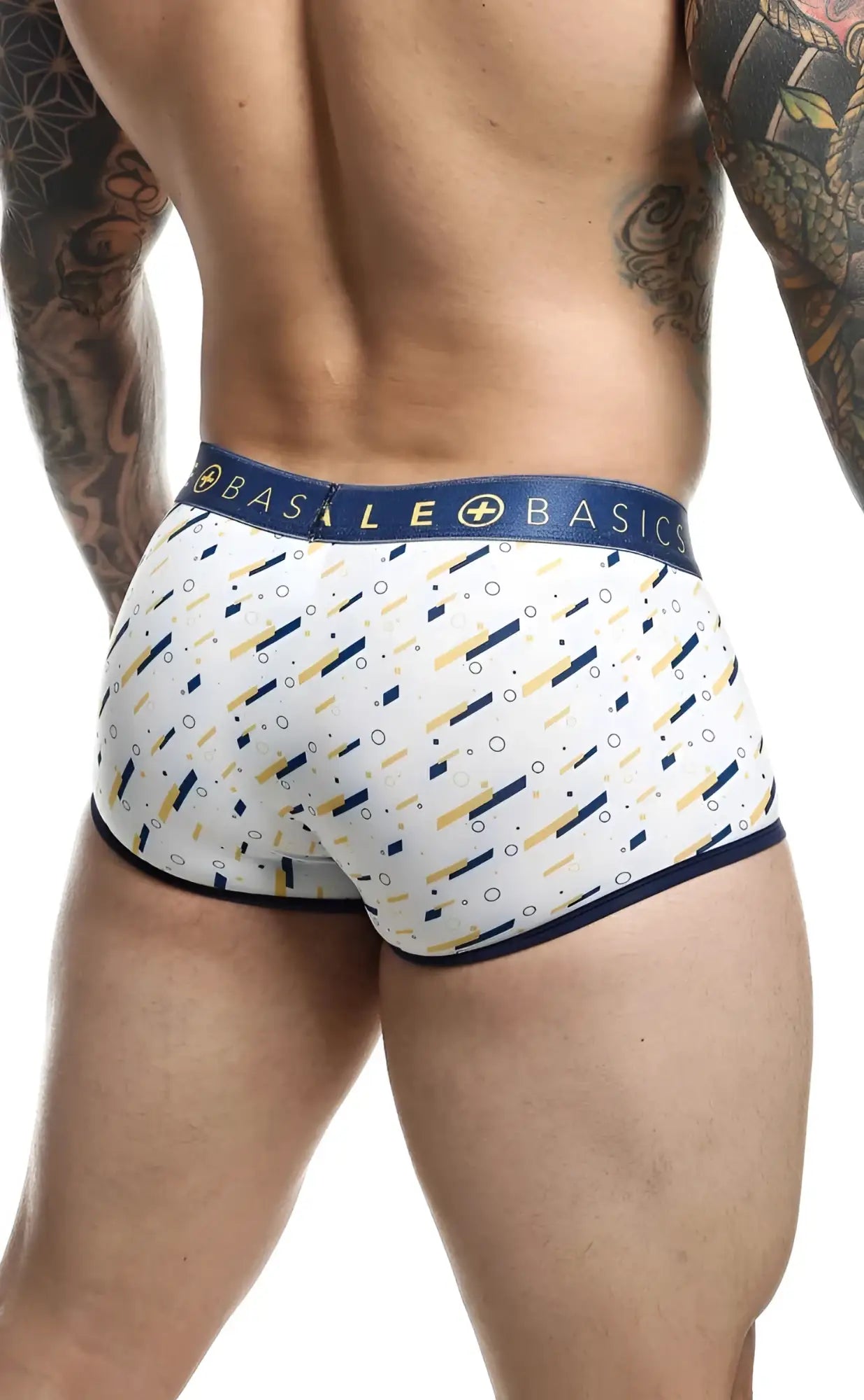 Malebasics trunk sexy pouch boxer briefs in white with navy and gold geometric diagonal lines and navy trim