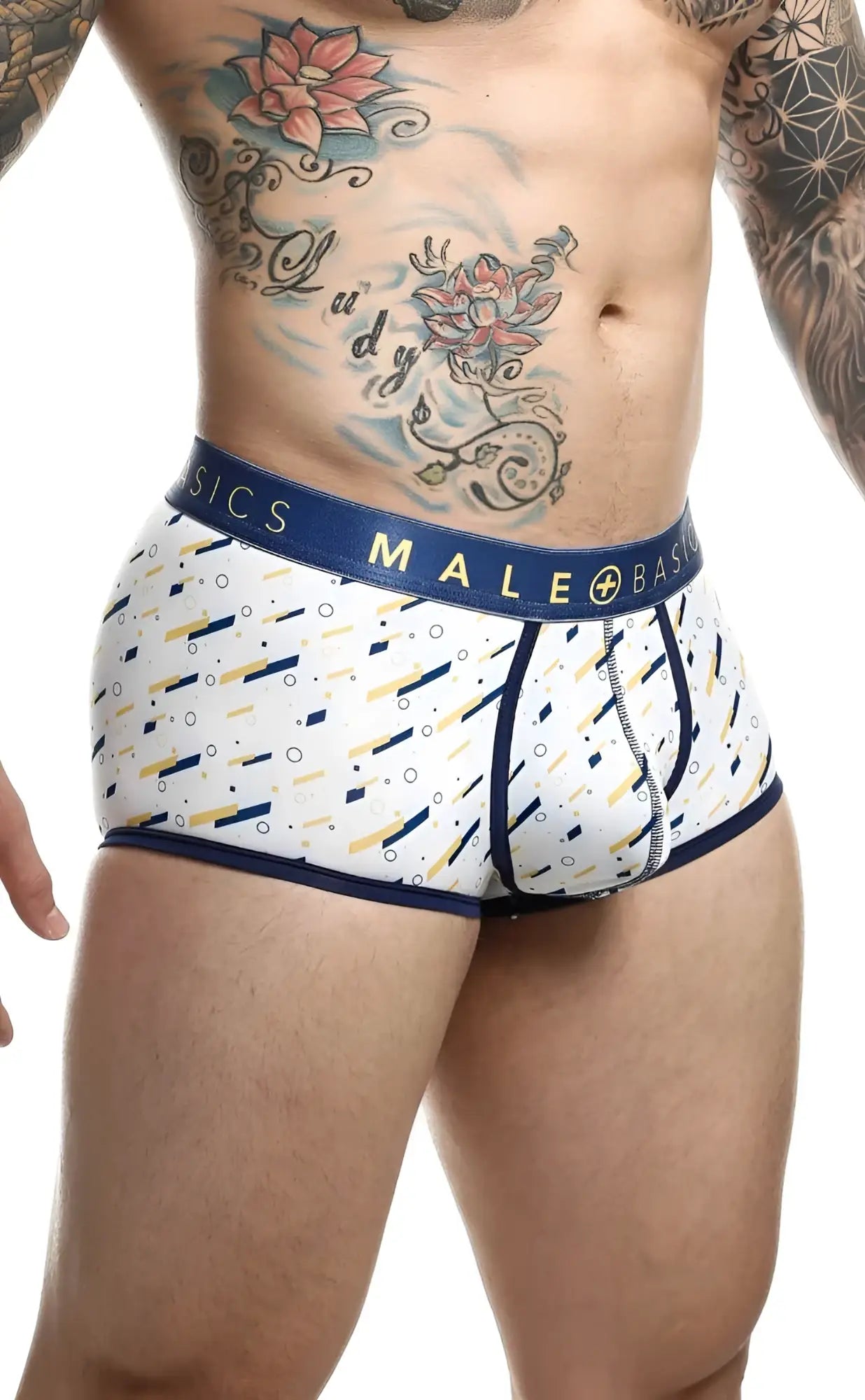 White mens boxer briefs with navy blue male basics waistband and yellow black white geometric pattern trunk sexy pouch