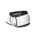 White men’s boxer briefs malebasics trunk sexy pouch with colorful geometric shapes and black waistband trim