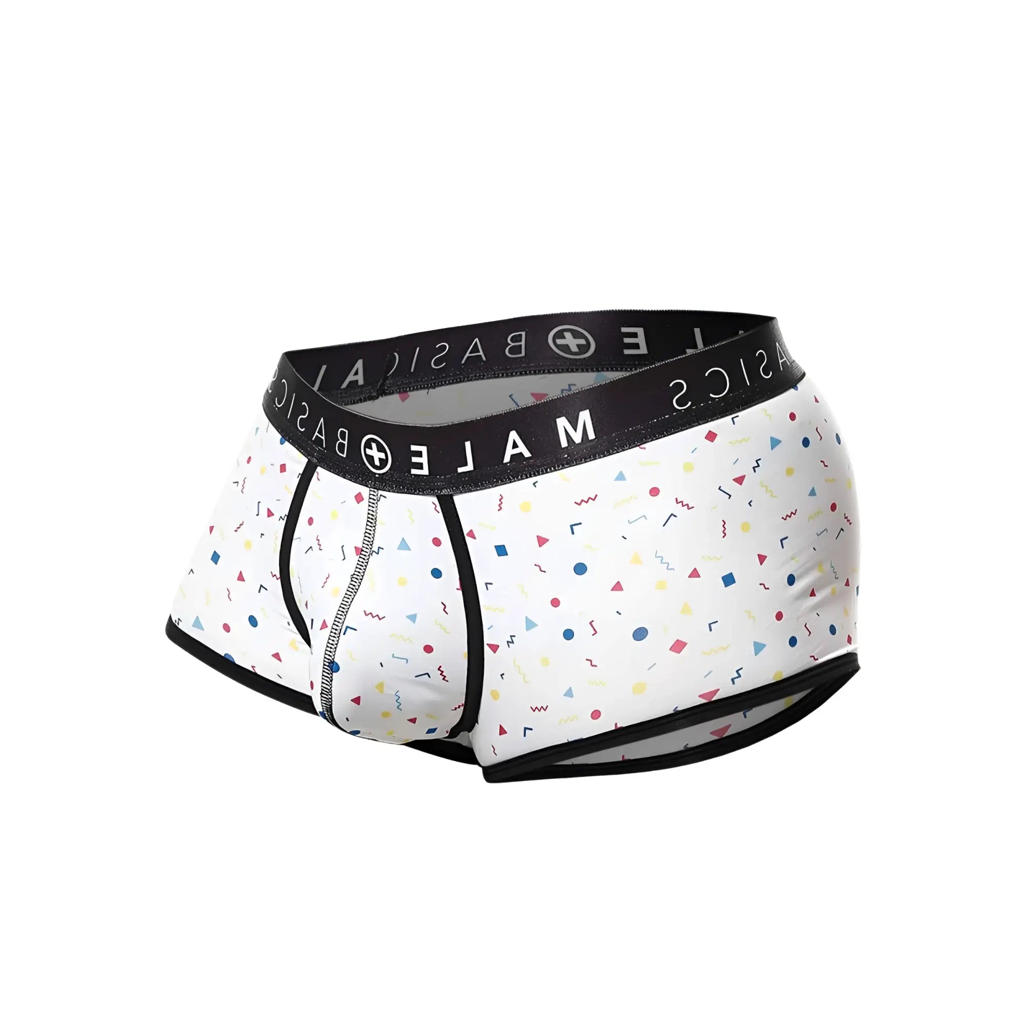 Malebasics trunk sexy pouch white boxer briefs with colorful geometric shapes and confetti design with black trim