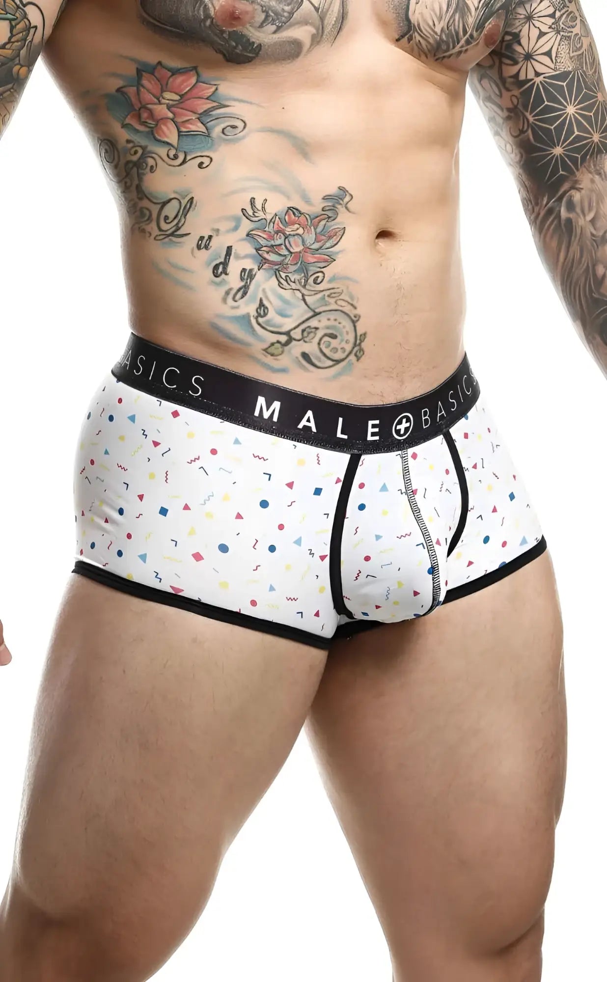 Malebasics trunk sexy pouch white men’s briefs with pastel confetti pattern black trim and basics male waistband