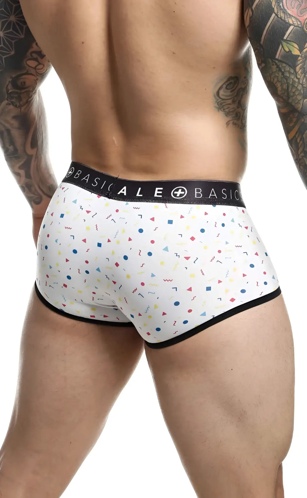 White men’s briefs with a playful multicolored geometric pattern black trim and basic+ale waistband malebasics trunk sexy pouch