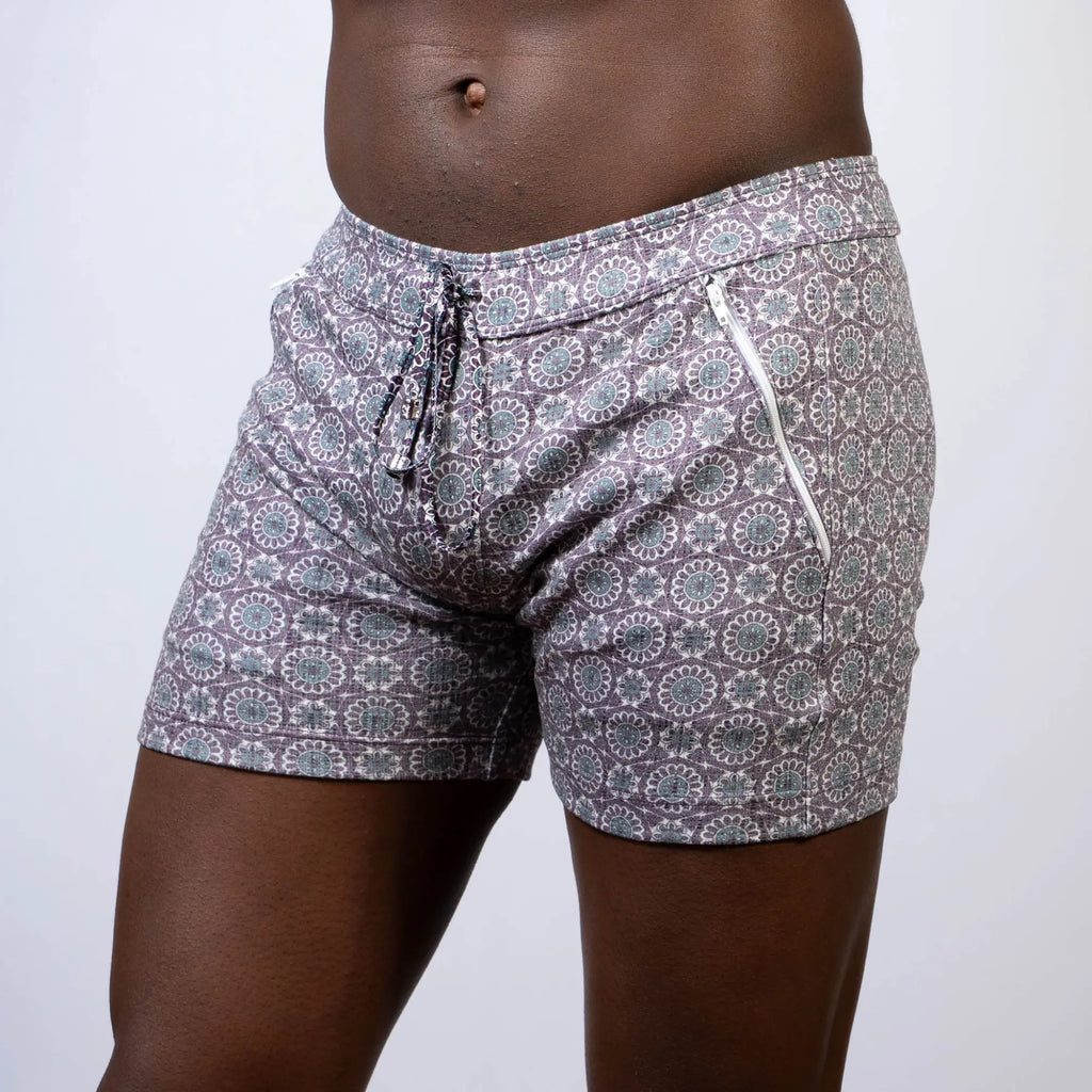 Mandala linen texture shorts gray with repeating circular pattern drawstring waistband and side zipper pocket