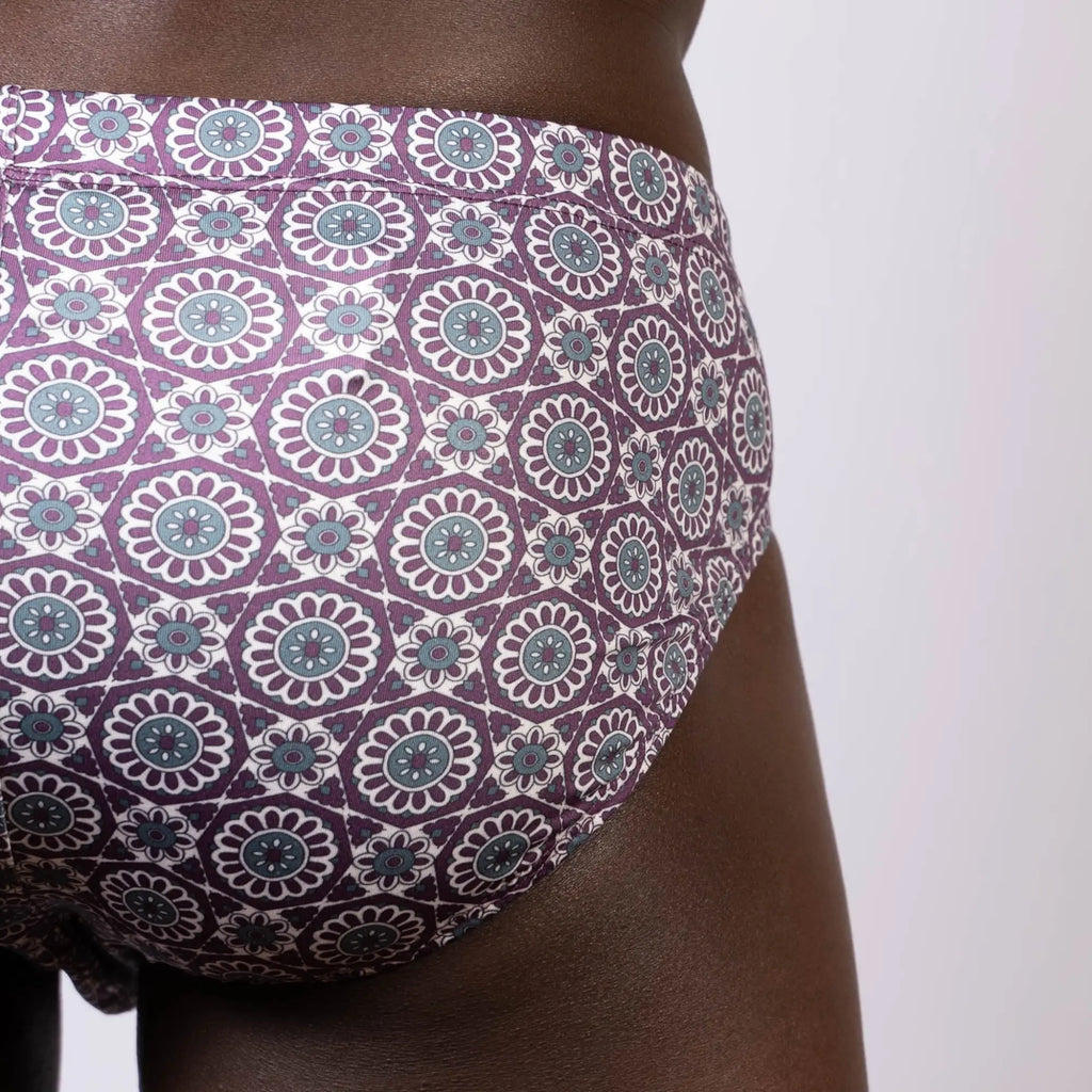 Mandala swim brief purple and teal floral patterned briefs with geometric design for stylish swimwear use