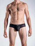 Black mesh manstore M101 cheeky brief underwear with a solid black waistband in size S front view