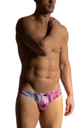 Menstore M2473 beach micro brief in pink and gray abstract pattern designed for comfortable everyday wear