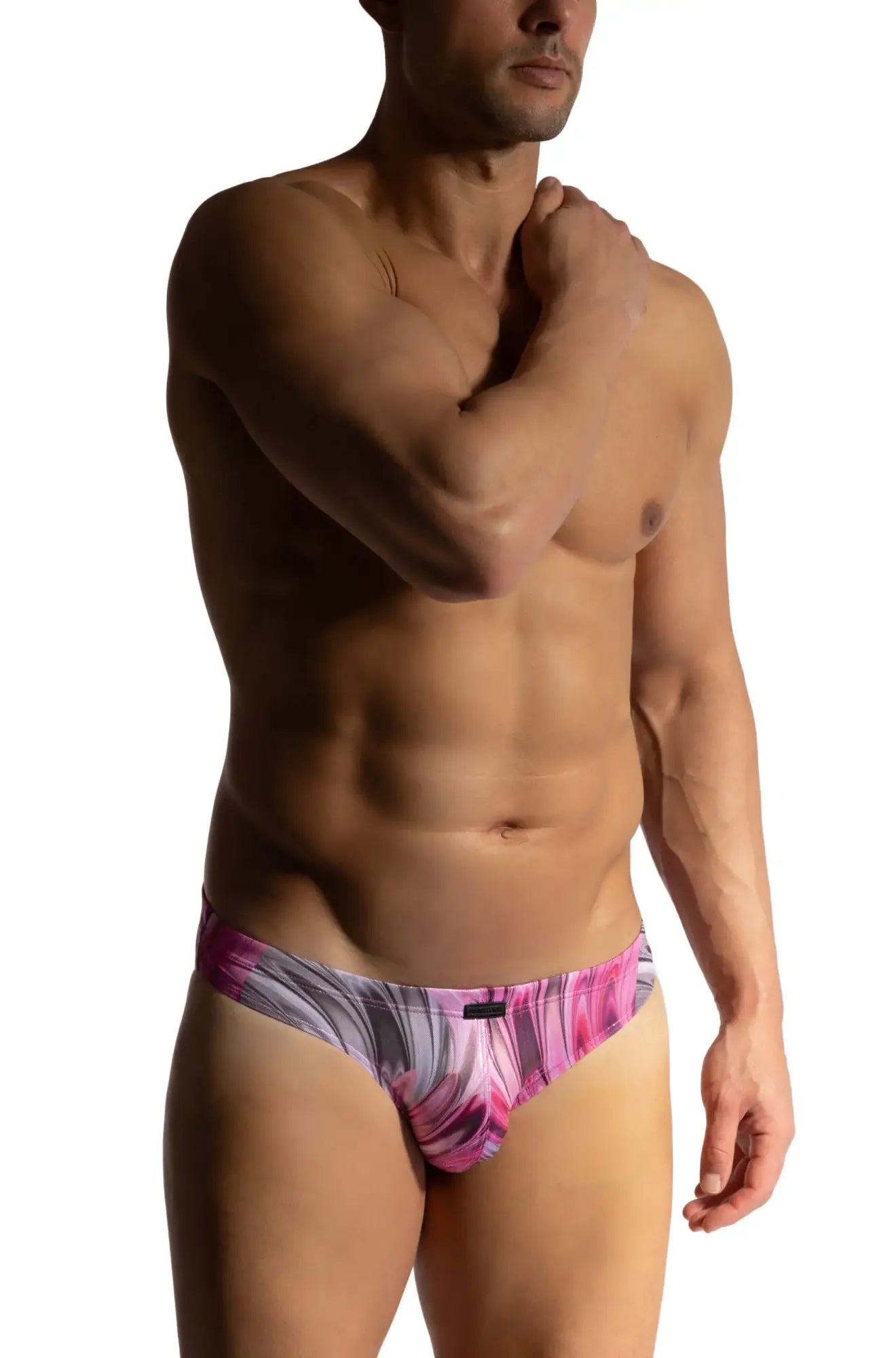 Menstore M2473 beach micro brief in pink and gray abstract pattern designed for comfortable everyday wear