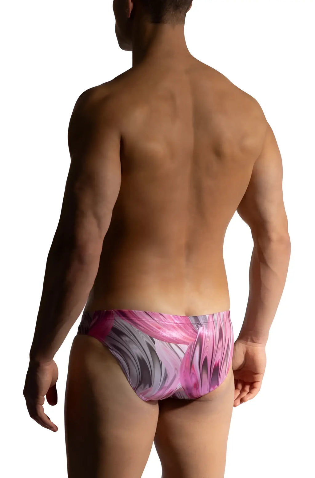 Manstore m2473 beach micro brief swim trunks in pink and gray marble with a sleek modern design