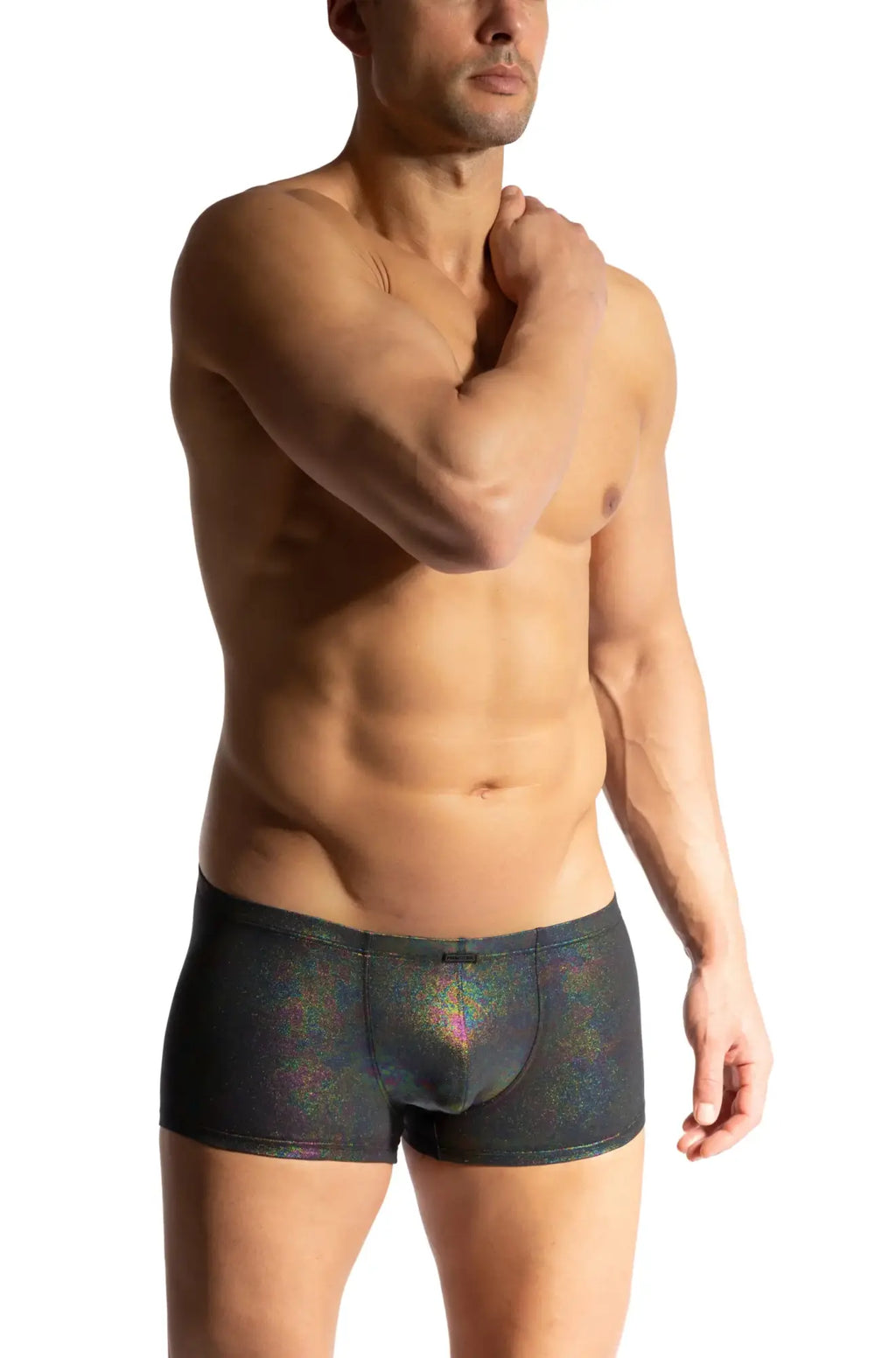 Black iridescent boxer briefs with shimmering holographic finish by Manstore oilslick micro pants