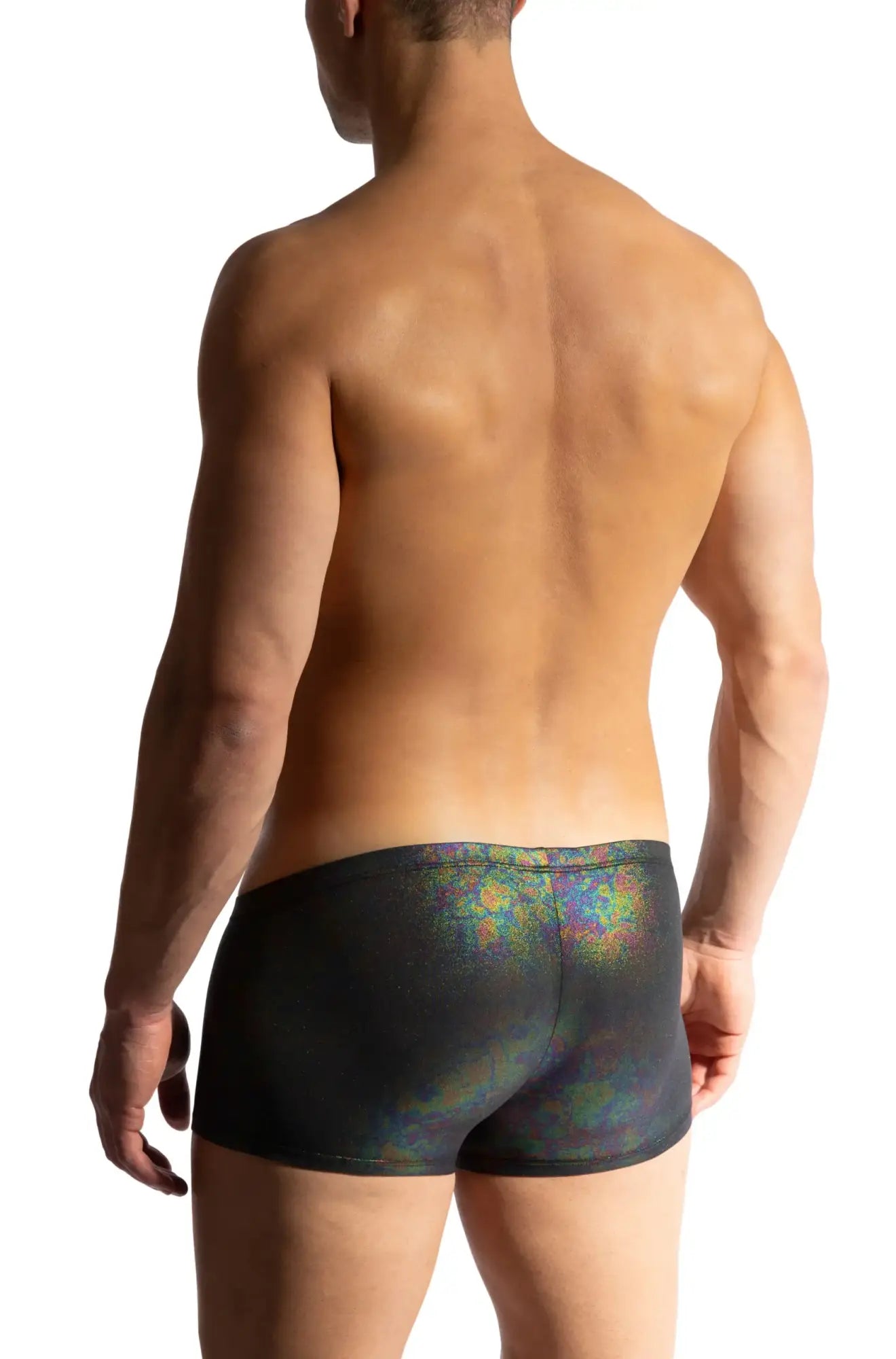 Black briefs with shimmering iridescent rainbow pattern made from sleek fabric manstore oilslick micro pants
