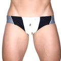 Marcuse ma bondi black and white swim trunks with gray side panels featuring a bullet-shaped zipper pull