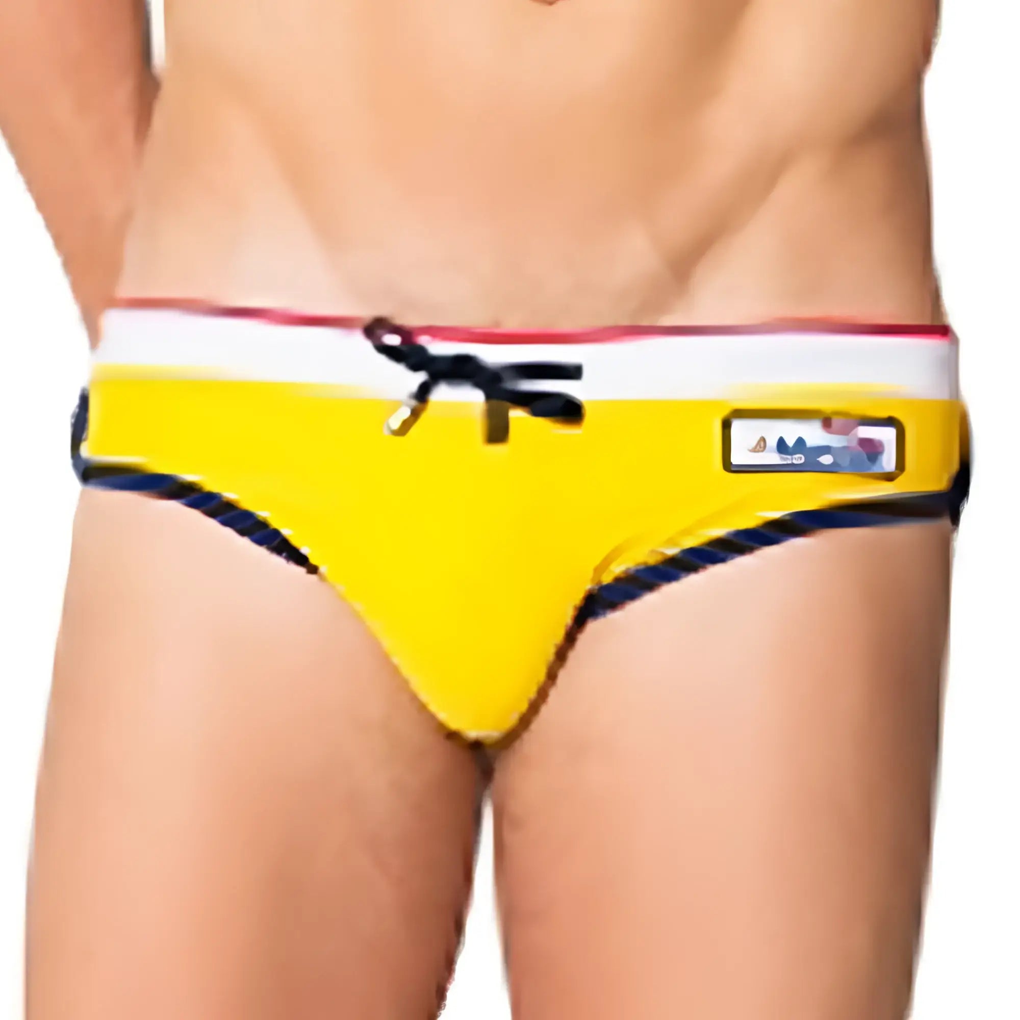 Bright yellow Marcuse MA Cargo23 swim trunks with white waistband red and navy trim and black drawstrings