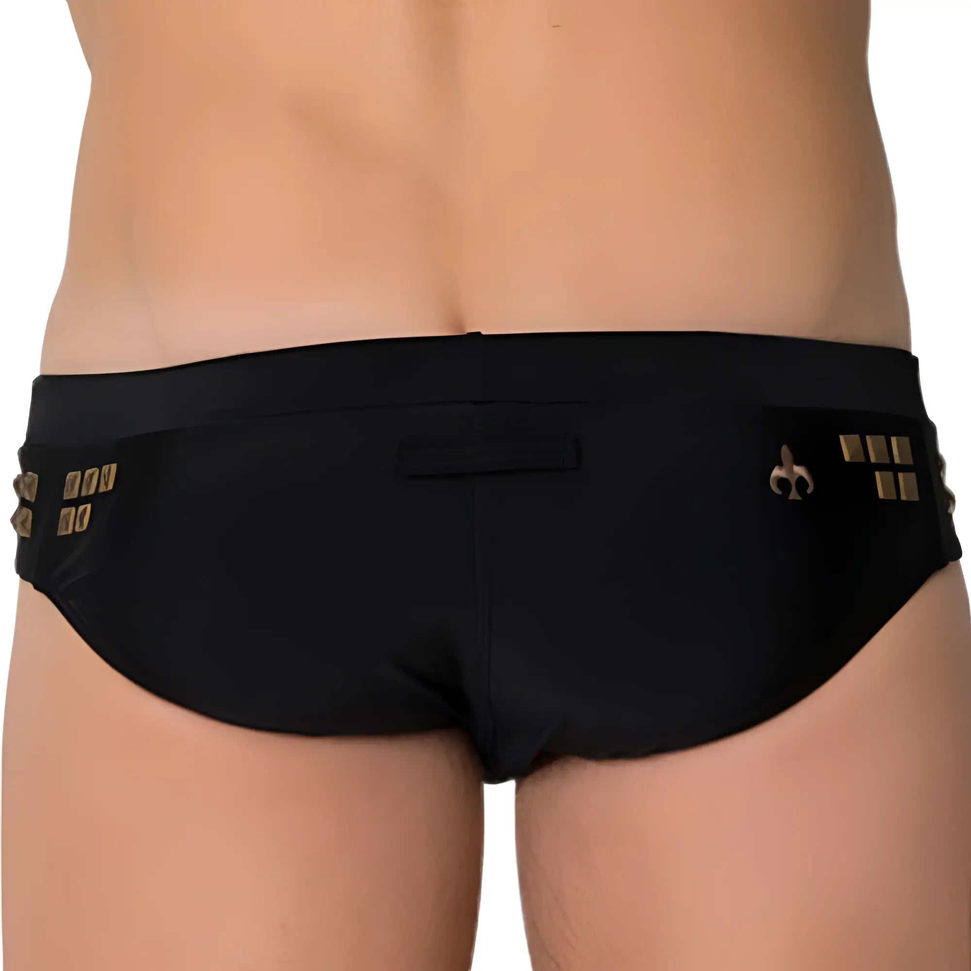 Black Marcuse MA_Stud swimwear trunks with gold metallic embellishments and fleur-de-lis logo on the side
