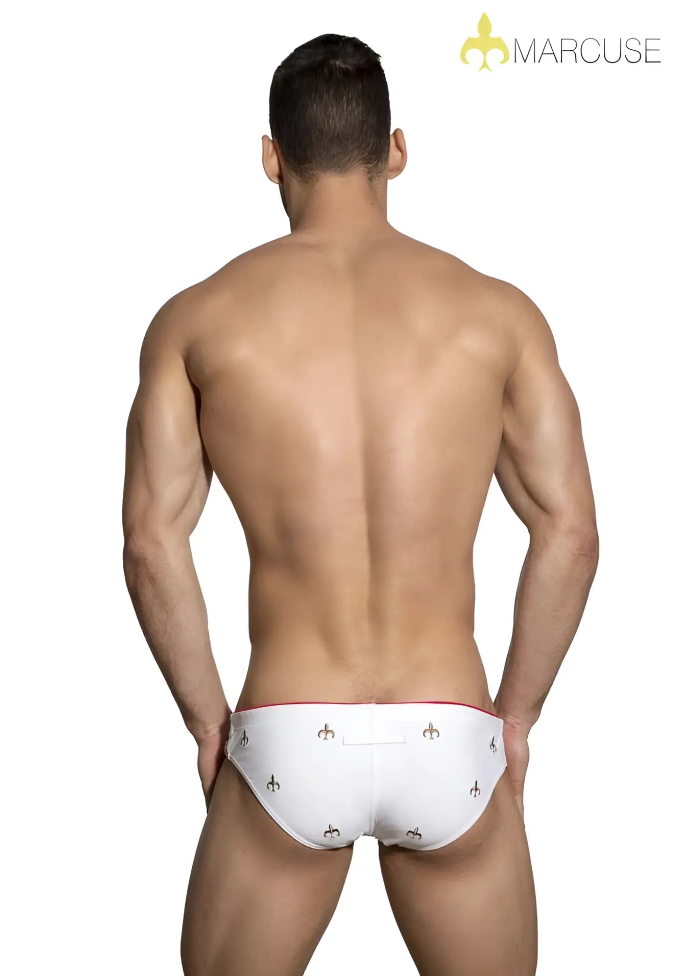 Marcuse Starz bikini swimwear white size M swim trunks with black fleur-de-lis patterns and red trim