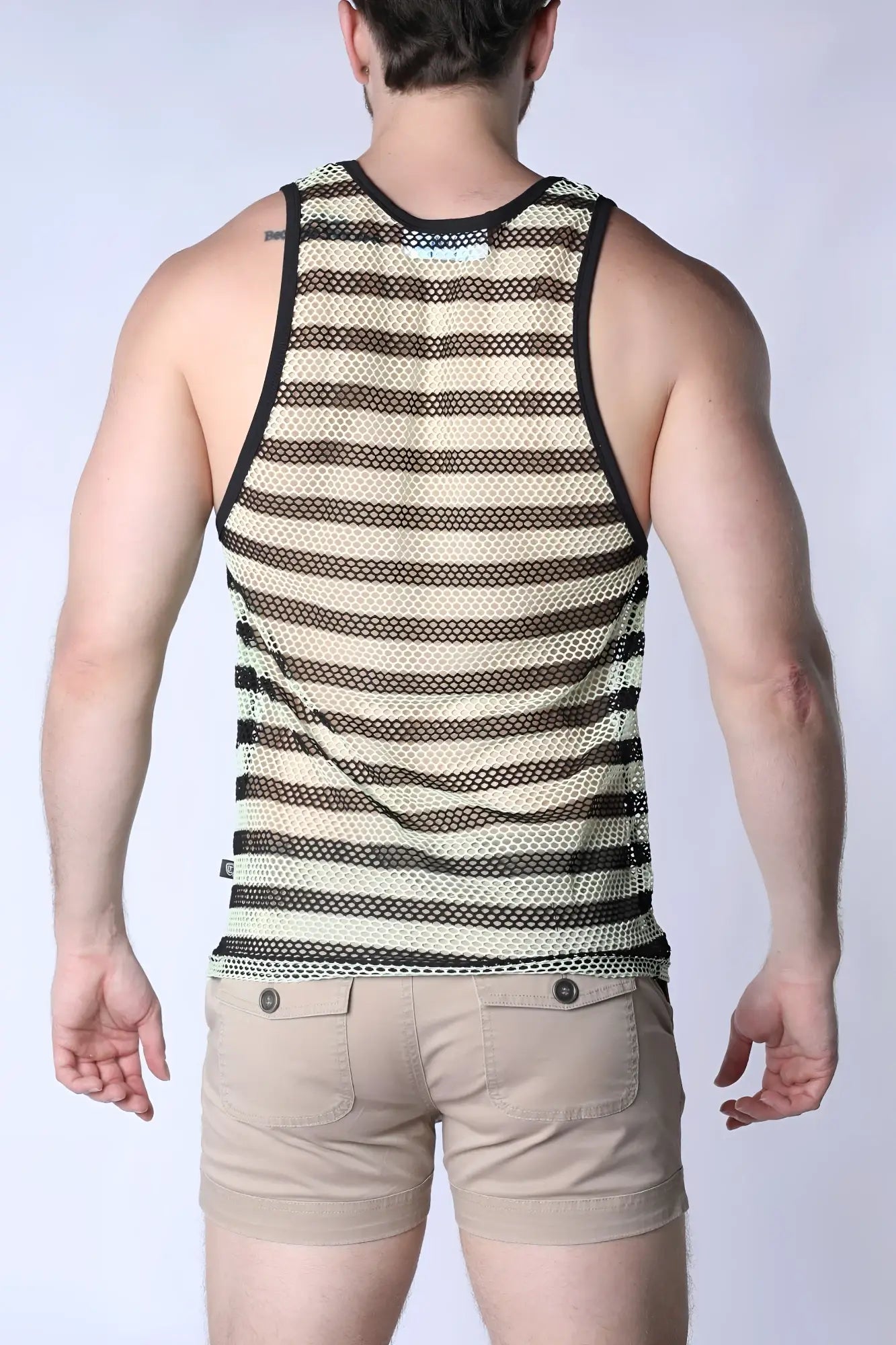Mariner mesh stripe tank top in black and beige striped mesh with black trim for casual summer wear