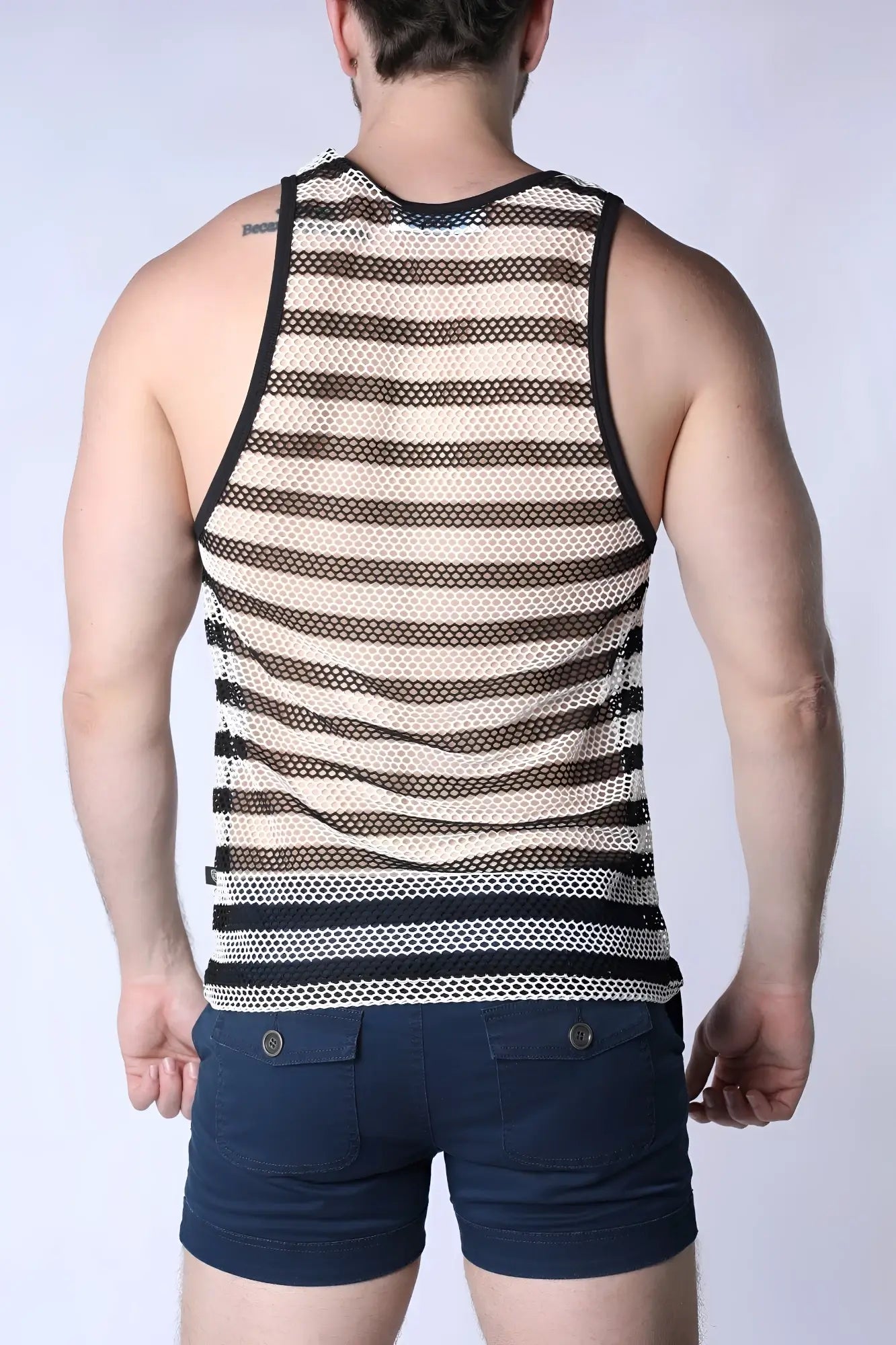 Black and cream striped mesh tank top with black trim mariner mesh stripe tank top front view