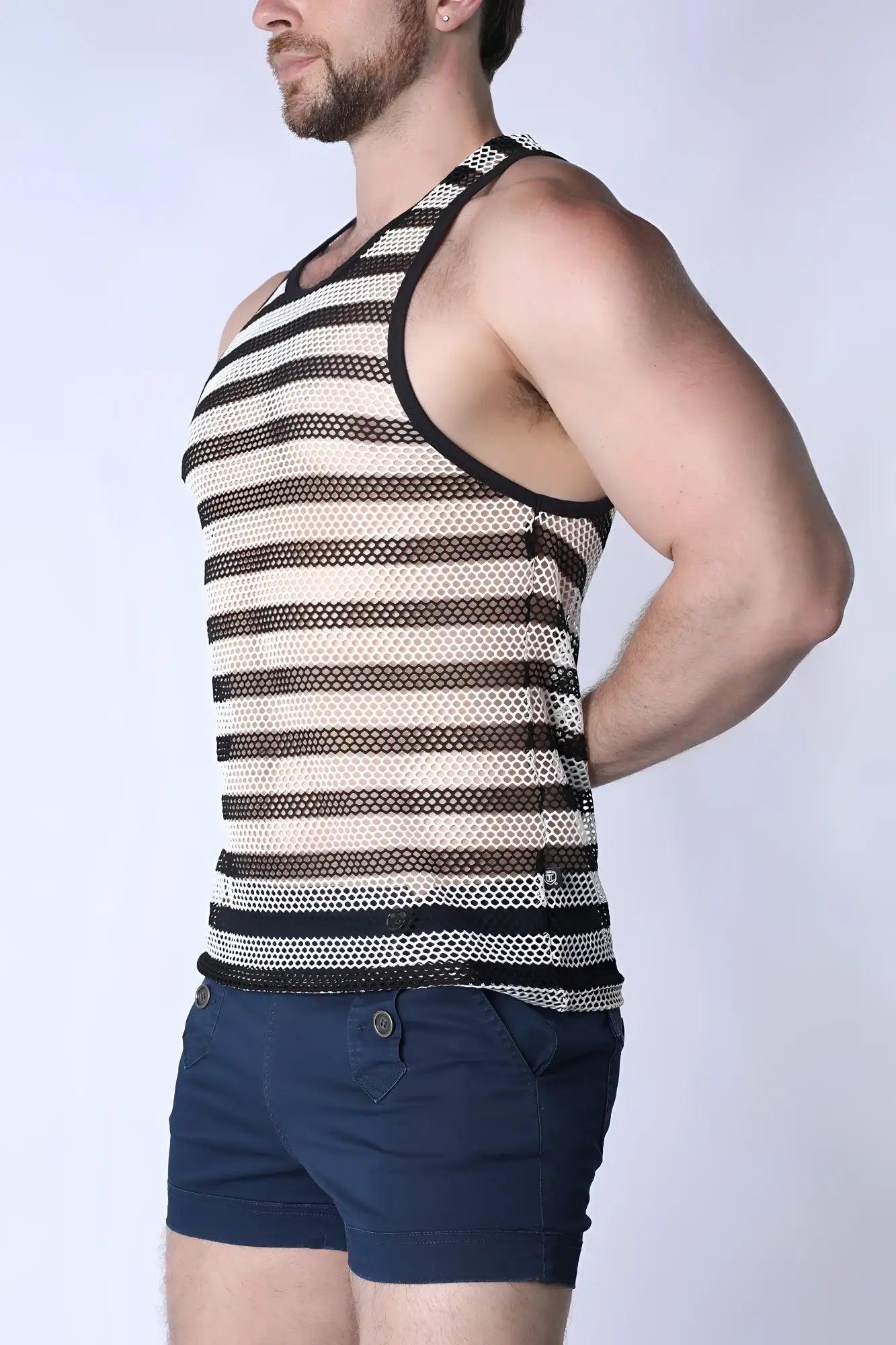 Black and cream striped mariner mesh stripe tank top with racerback design showing the back side