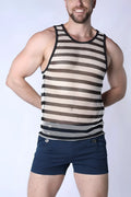 Mariner mesh stripe tank top in black and white striped mesh with round neckline and elasticated hem