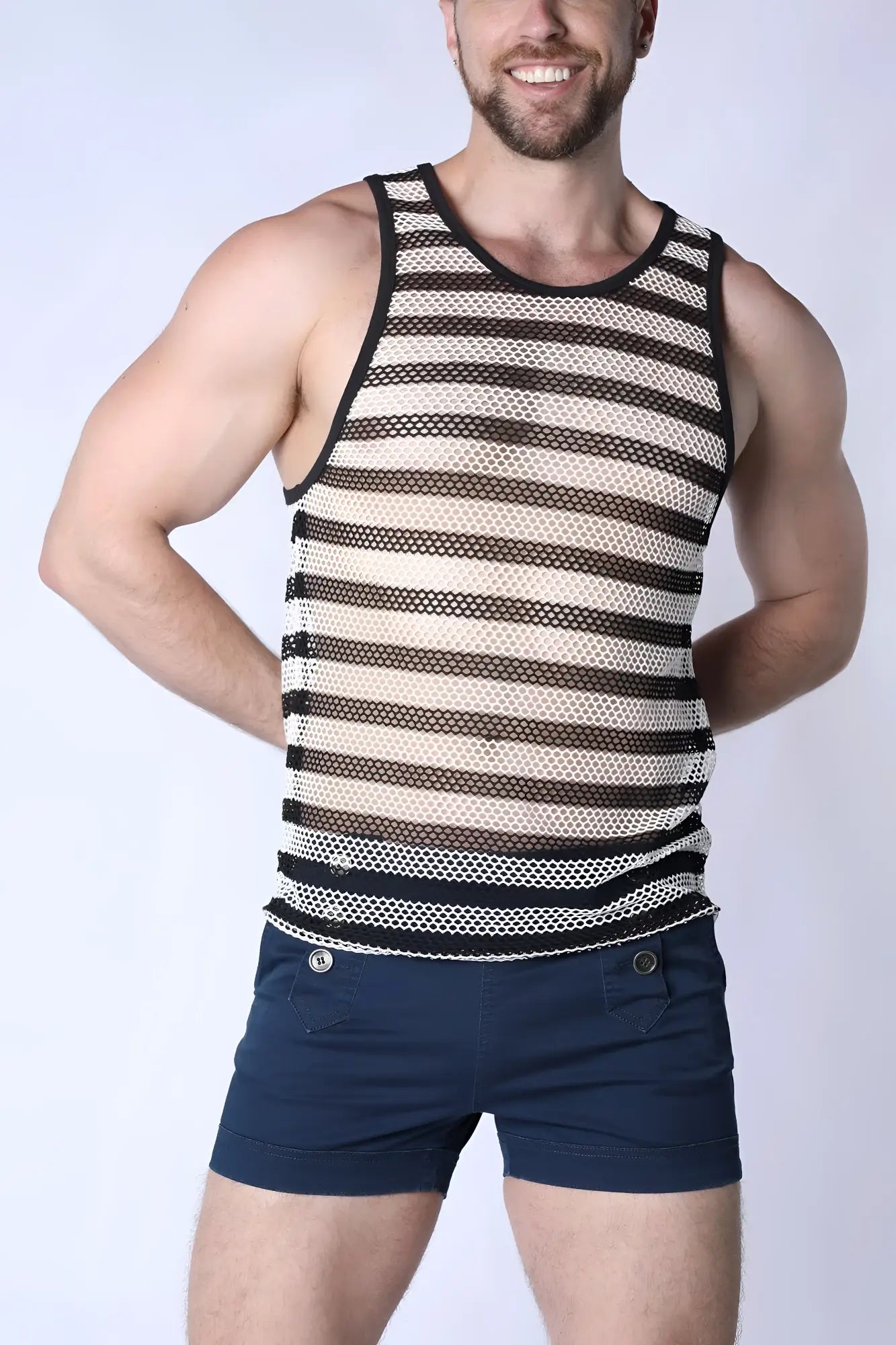 Mariner mesh stripe tank top in black and white striped mesh with round neckline and elasticated hem