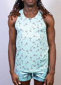 Light blue martini print tank top and matching shorts set featuring playful pink martini glass pattern for casual wear