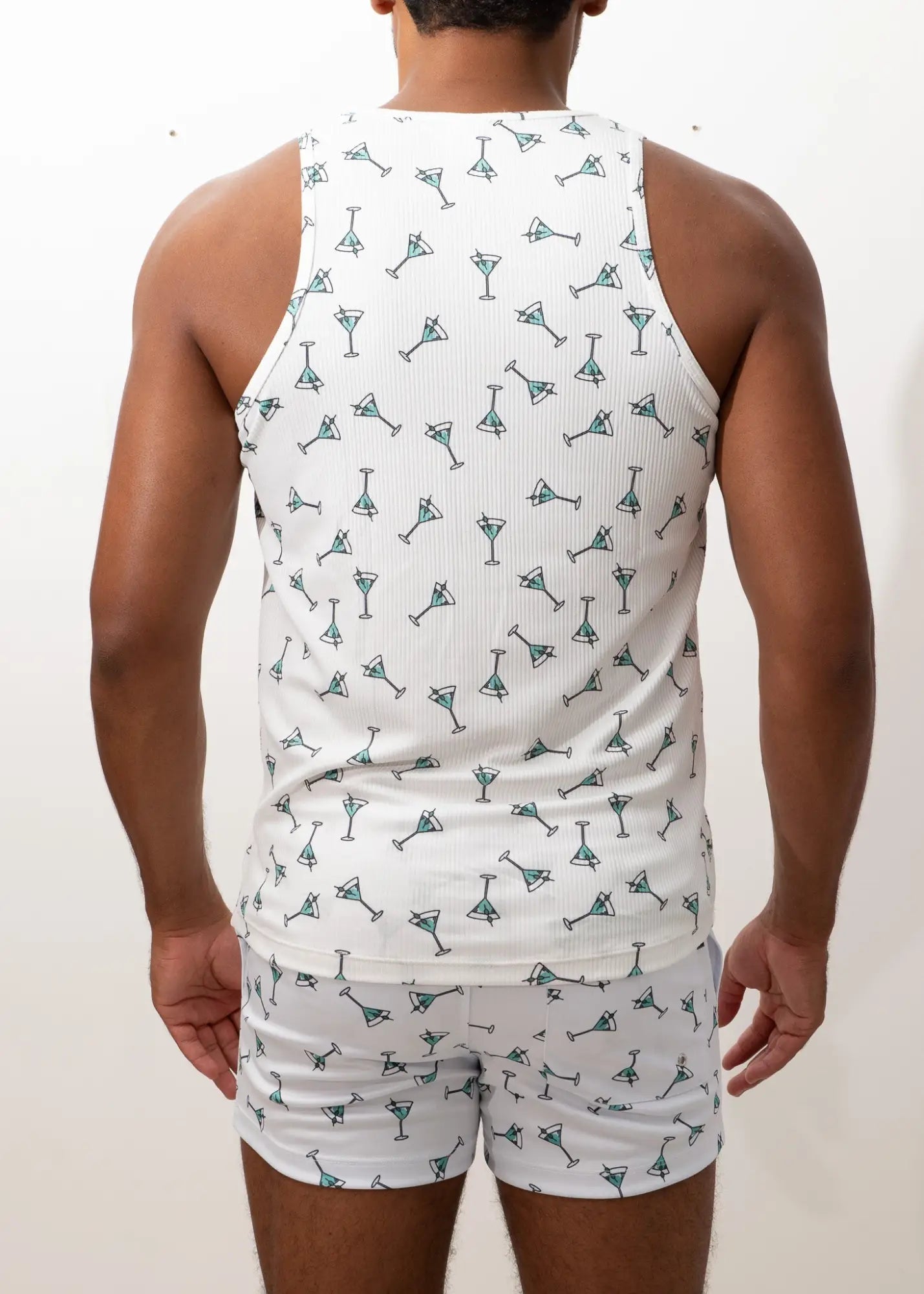White ribbed tank top and matching shorts set with teal martini glass pattern martini print tank