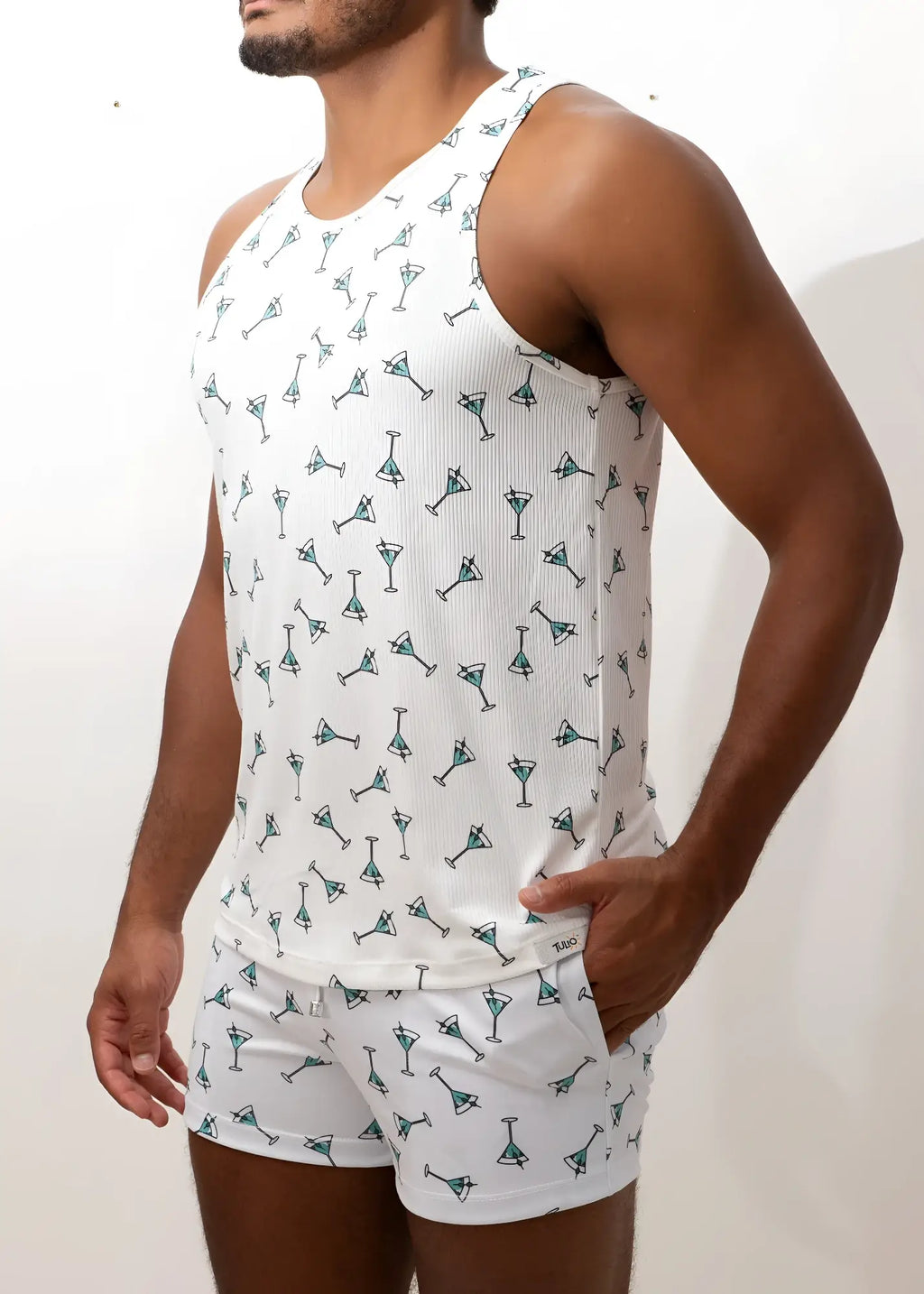 White ribbed tank top and matching shorts set with teal martini glass print martini print tank summer outfit