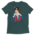 Dark green heathered cotton t-shirt featuring colorful graphic of woman in top hat with daisies white gloves holding cigar