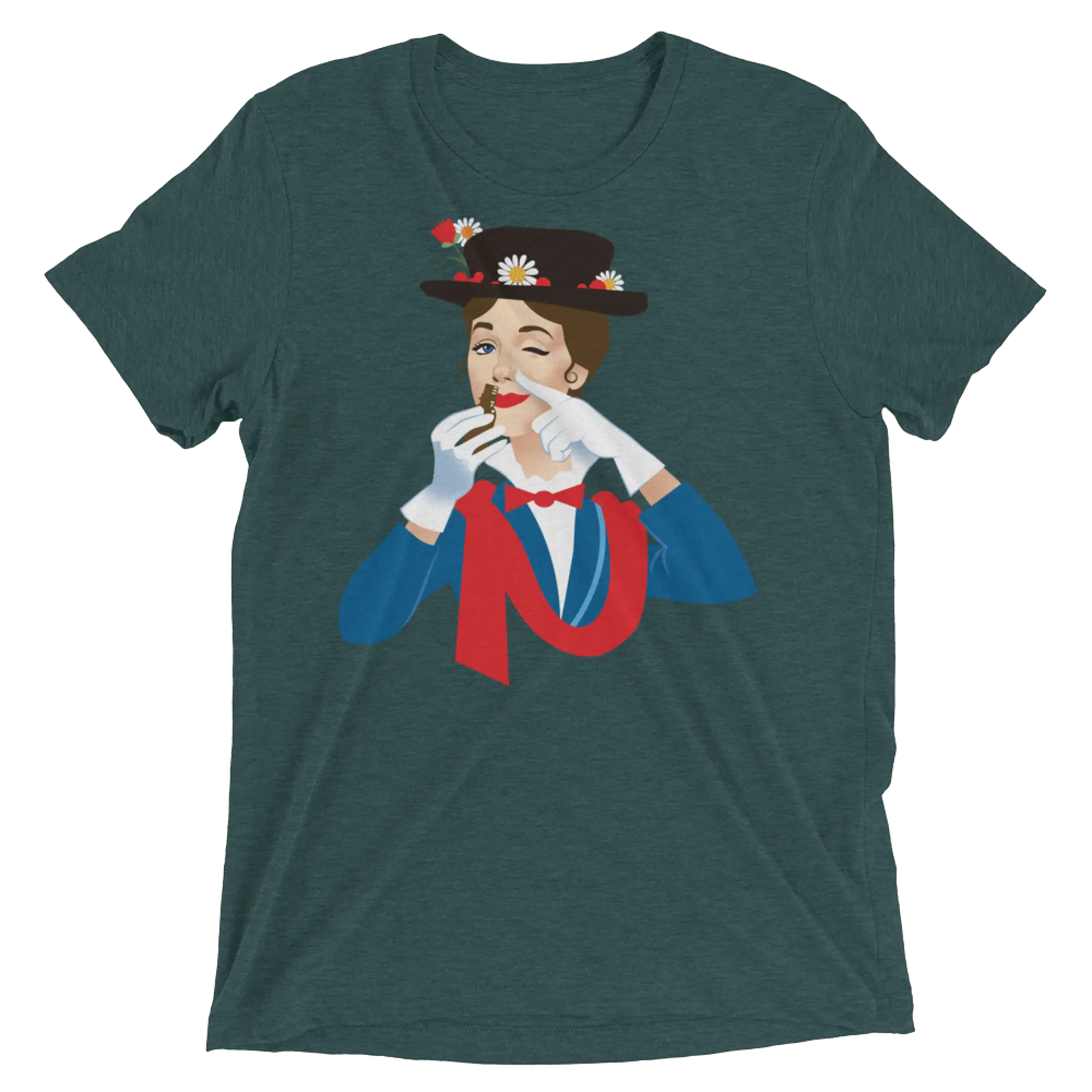 Dark green heathered cotton t-shirt featuring colorful graphic of woman in top hat with daisies white gloves holding cigar