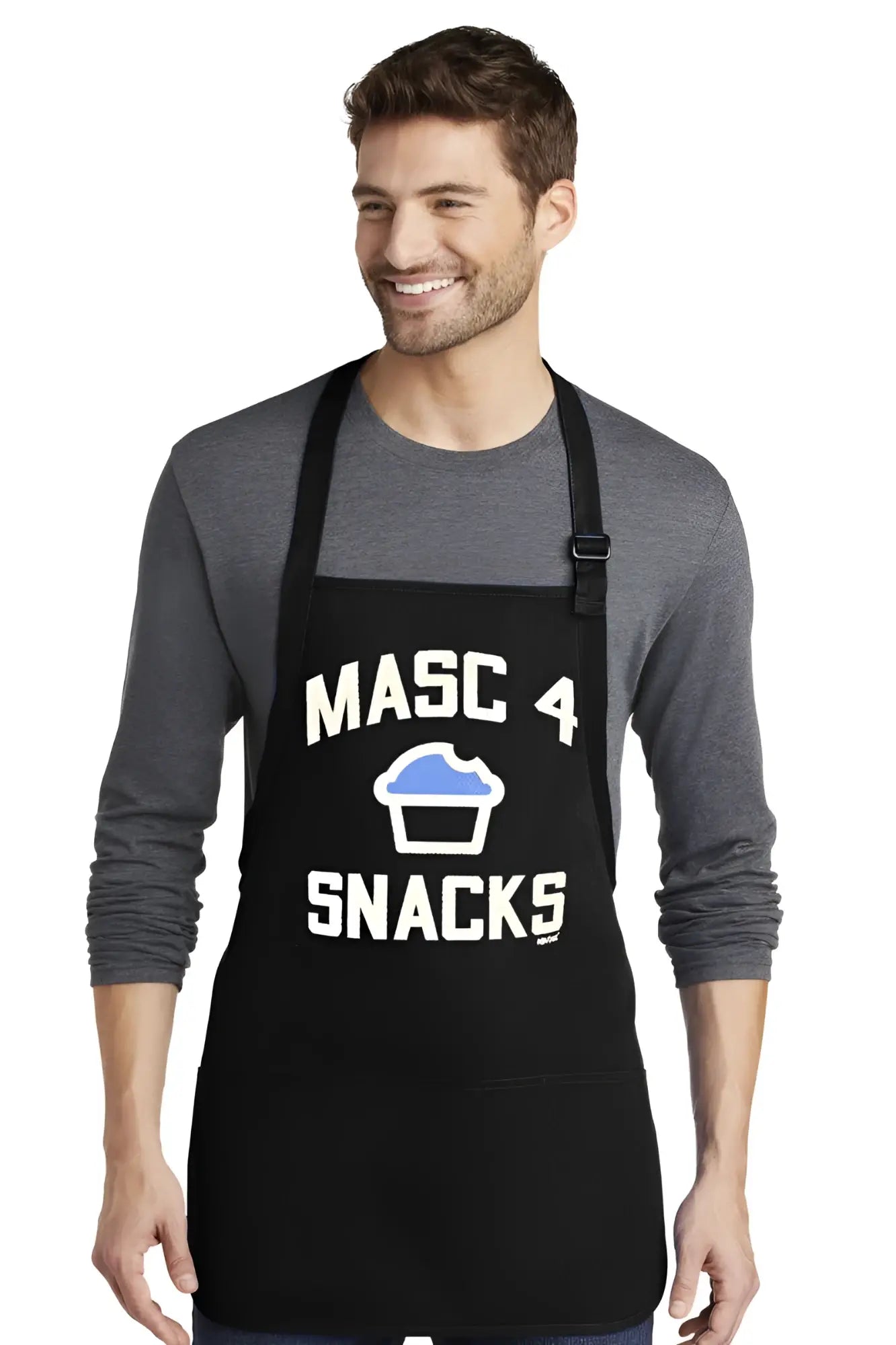 Black apron made of durable fabric with white masc 4 snacks text and blue cupcake graphic for cooking and baking
