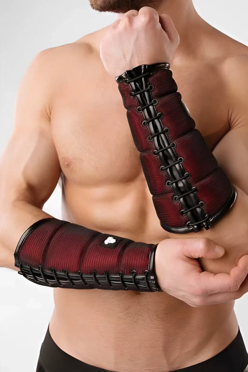 Red and black mesh Maskulo armored under forearm guard with black lacing size L for protective armwear