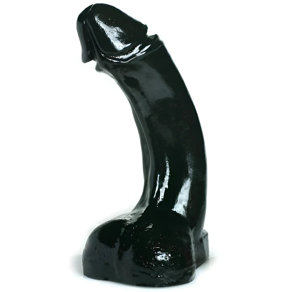 Master Cock The Annihilator: A glossy, black, XXXL realistic phallic dildo standing upright against a white background.
