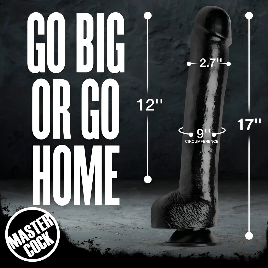 Master Cock The Black Destroyer, a large, realistic black dildo with suction base and text showing 12-17 inch dimensions.
