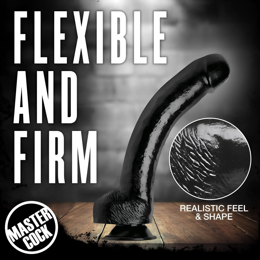 Master Cock The Black Destroyer: A black, realistic dildo with a textured surface and suction cup base on a wood table.