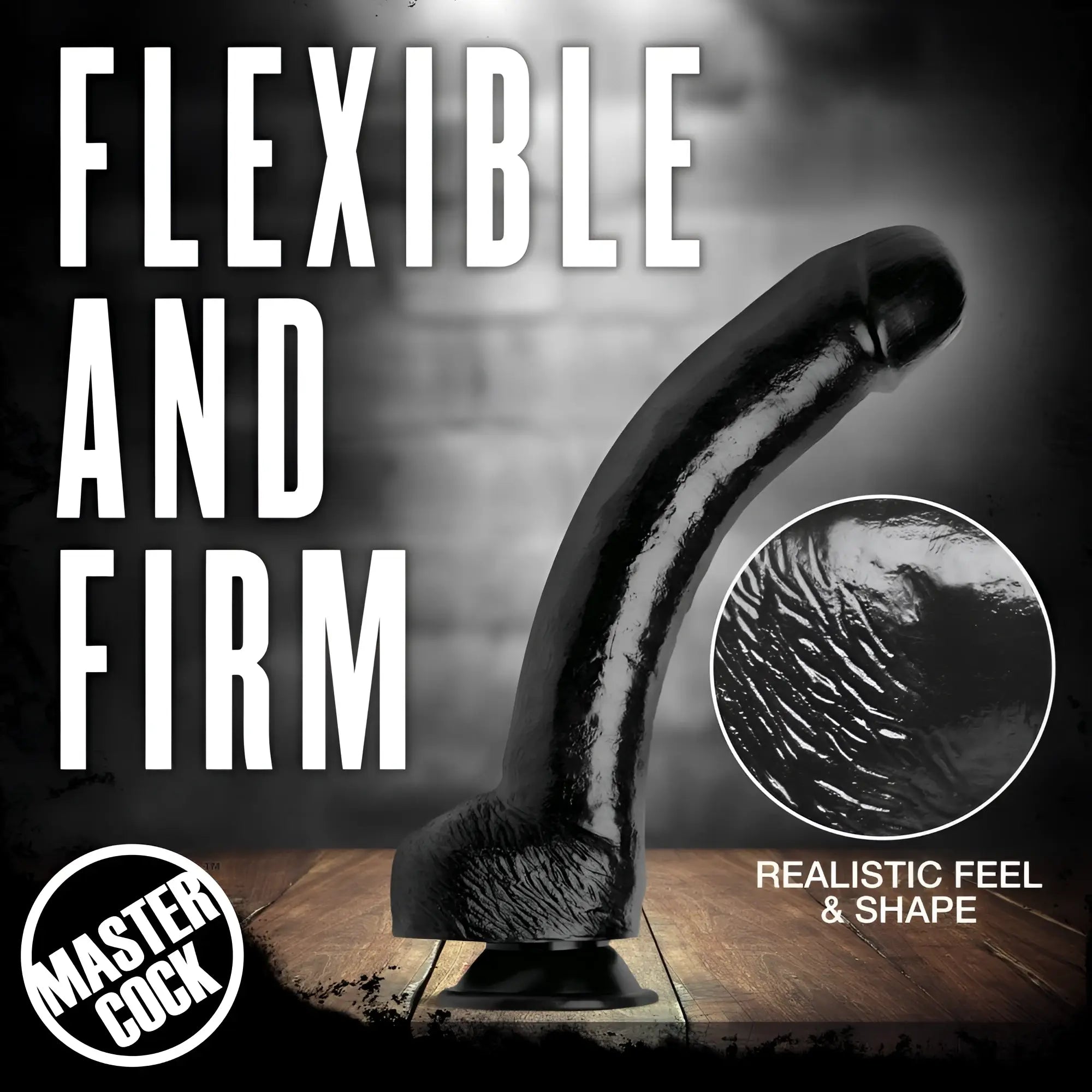 Master Cock The Black Destroyer: A black, realistic dildo with a textured surface and suction cup base on a wood table.