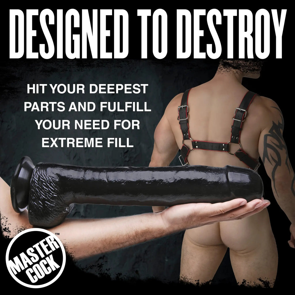 Master Cock The Black Destroyer: A large, black, realistic dildo held in hand before a man in a leather harness.